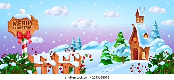 Paisaje navideño de invierno, nieve vectorial Santa Claus fondo de la casa del pueblo, vista de caricatura del Polo Norte. Banner de cuento de hadas de navidad X-mas, pino, nubes, valla, señal de camino. Escenario navideño