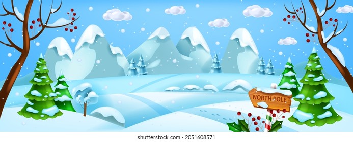 Christmas winter landscape, vector x-mas snow background, North Pole woodland horizontal view. Holiday season cold forest scene, snowdrift, mountains, pine tree. Magic frozen Christmas landscape