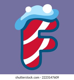 christmas winter letter F with red white lolipop ornament and snow, dark blue backdrop, doodle
