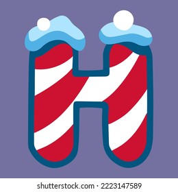 christmas winter letter H with red white lolipop ornament and snow, dark blue backdrop, doodle