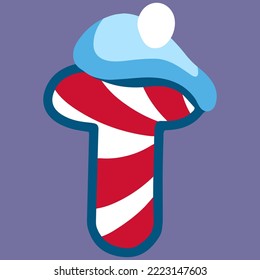 christmas winter letter T with red white lolipop ornament and snow, dark blue backdrop, doodle