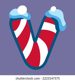 christmas winter letter V with red white lolipop ornament and snow, dark blue backdrop, doodle