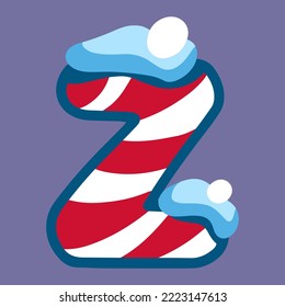 christmas winter letter Z with red white lolipop ornament and snow, dark blue backdrop, doodle