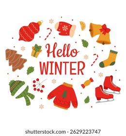 Christmas and winter lettering with wreath. Christmas wreath with christmas and winter elements.