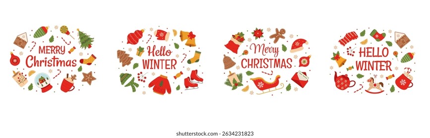 Christmas and winter lettering with wreaths. Christmas wreaths with christmas and winter elements.