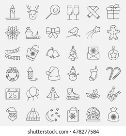 Christmas and winter line icons set in single color. Vector clean icons set for application user interface and web design. Useful for Christmas, happy New Years and other holidays infographics. 