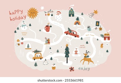 Christmas winter map with city landscape, animals, house, gifts, festive decoration, cars, road. Premade Christmas map creator with cute holiday design elements. New year card, poster, banner, print 