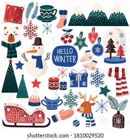 Christmas Winter Merry christmas Design Happy Holiday Deer Flat December Culture Element Gingerbread Merry Festive Beautiful Colorful Season Greeting Pack Collection Set snow flake