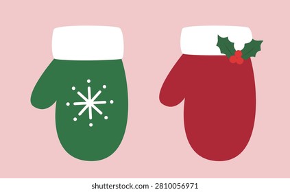 Christmas Winter Mittens Flat Stock Vector Illustration.
Festive Xmas Knitted Gloves with Snowflake and Holly Berries.
Cute Red and Green Holiday Mittens Set Template.