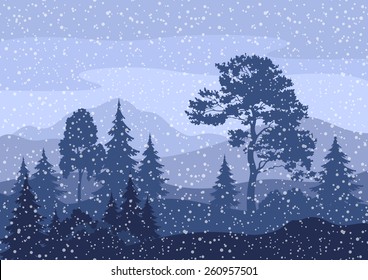 Christmas Winter Mountain Landscape with Pine and Firs Trees, Sky with Snow and Clouds. Eps10, Contains Transparencies. Vector