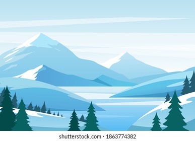 Christmas winter mountain landscape vector illustration. Cartoon frost mountainous scenery, rocks and hills covered with snow and ice, fir trees grow in hillsides, snowy wintertime scene background