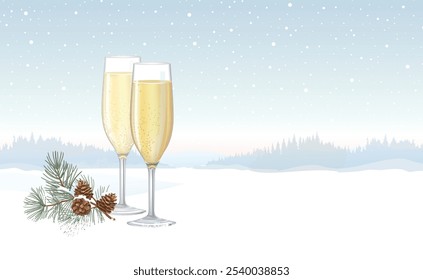 Weihnachten Winter Naturhintergrund mit zwei Gläsern Champagner, Gruß Frohe Weihnachten und Nadelzweig mit Kegel im Schnee