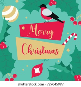 Christmas, Winter, New Year Banner Template With Retro Geometric Label, Bird, Baubles, Holly Berries, Leaves On Green Background. For Gift Box, Tag, Promo, Sale Flyer, Poster, Party, Event Invitation