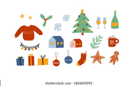 El invierno de Navidad y los elementos de Año Nuevo. Pan de jengibre, casas, regalos, bolas, árbol de Navidad, mistletoe, medias, vino espumoso, copos de nieve, etc. Ilustración vectorial