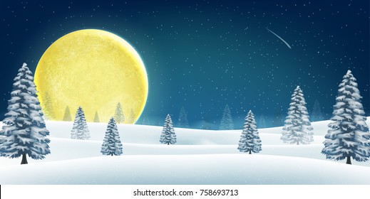 christmas winter night hill forest with big moon