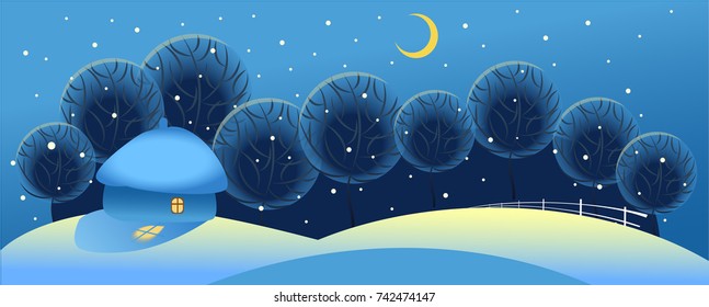 Christmas winter night landscape with moon. Vector.