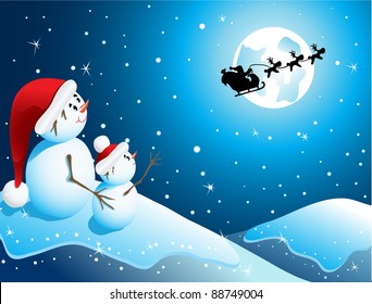 Christmas winter night landscape with two snowmen, moon and Santa`s sleigh