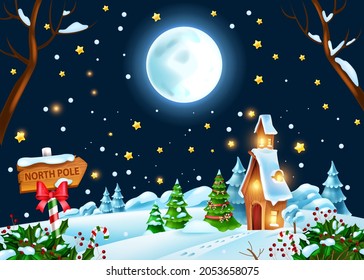 Christmas winter night landscape, vector holiday x-mas background, Santa Claus house, full moon, stars. New Year North Pole forest scene, snowdrift, pine tree, holly bush. Christmas evening landscape 