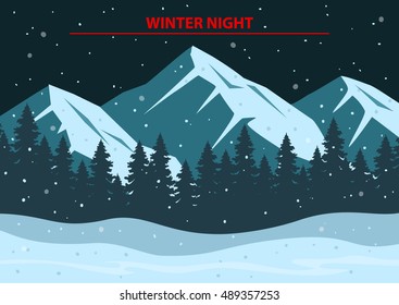  Christmas Winter Night Scene  Background with rocky mountains, pine forest, snow hills, snowflakes