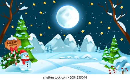 Christmas winter night snow landscape, x-mas woodland snowdrift vector background, full moon, star. Holiday season greeting card illustration, mountain, hill, snowman, pine trees. Christmas landscape 