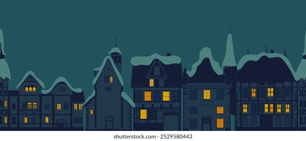 Christmas winter night town horizontal seamless pattern. European rural houses and architecture, Snowy rooftop, night winter. Vector cartoon style illustration