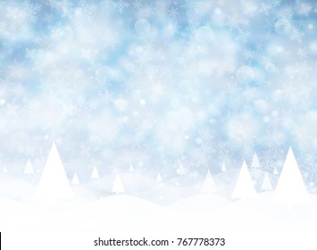 Christmas winter on blue background. White snow with snowflakes on silver bright light. Christmas tree. Vector illustration