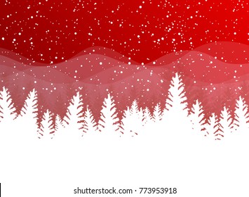 Christmas winter on red background. White snow with snowflakes. Christmas tree. Vector illustration