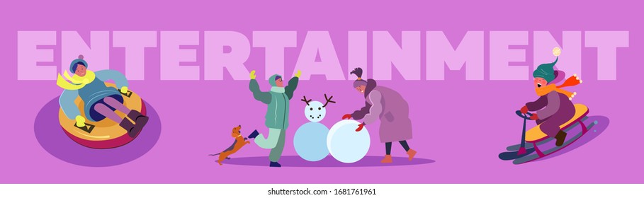 Christmas winter park set. Parents, children walking, making snowman, sleighing. Flat vector illustrations. New Year, leisure, outdoor activity concept for banner, website design or landing web page