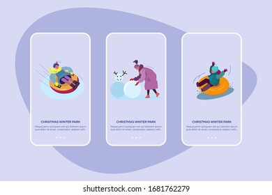 Christmas winter park set. Parents, children walking, making snowman, sleighing. Flat vector illustrations. New Year, leisure, outdoor activity concept for banner, website design or landing web page