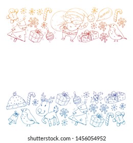 Christmas winter party. Happy new year. Bullfinch, Santa Claus, snowman, deer. Presents and candy.