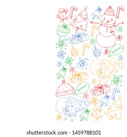 Christmas winter party. Happy new year. Bullfinch, Santa Claus, snowman, deer. Presents and candy.