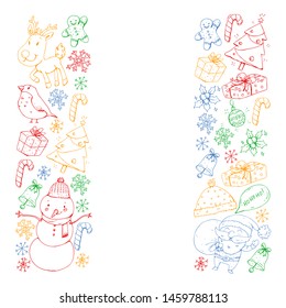 Christmas winter party. Happy new year. Bullfinch, Santa Claus, snowman, deer. Presents and candy.