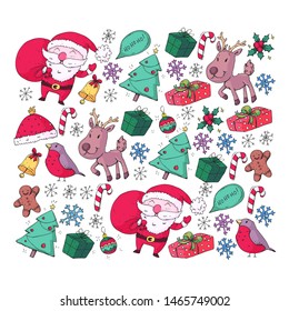 Christmas winter party. Happy new year. Bullfinch, Santa Claus, snowman, deer. Presents and candy.