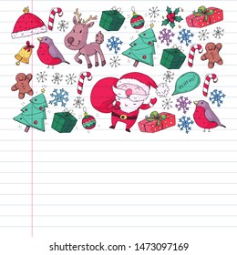 Christmas winter party. Happy new year. Bullfinch, Santa Claus, snowman, deer. Presents and candy.