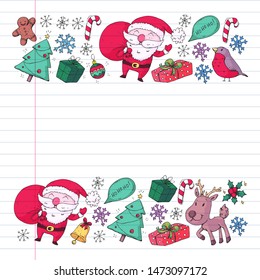 Christmas winter party. Happy new year. Bullfinch, Santa Claus, snowman, deer. Presents and candy.
