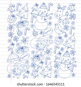 Christmas winter party. Happy new year. Bullfinch, Santa Claus, snowman, deer. Presents and candy.