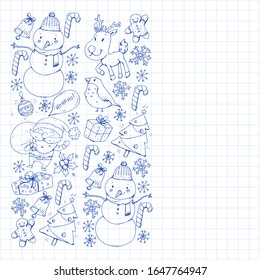 Christmas winter party. Happy new year. Bullfinch, Santa Claus, snowman, deer. Presents and candy.