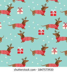 Christmas winter pattern with dachshunds. presents and snow on blue background. Vector illustration. 