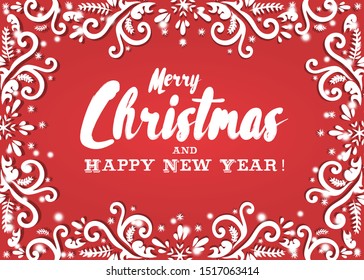 Christmas winter pattern drawn on red background. Use for postcards, greetings, book design, advertising. Vector isolated.  Beautiful winter card.