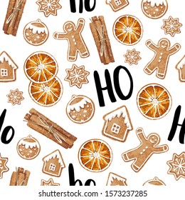 Christmas winter pattern with gingebread cookies, 
cinnamon and hohoho lettering. Seamless texture for Christmas design. Vector background for wallpaper, web page background, wrapping paper and etc.