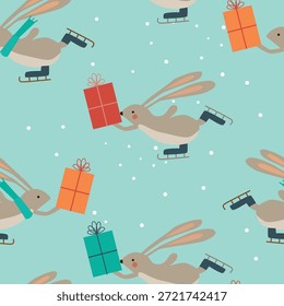 Navidades patrón de invierno con liebre en la pista de patinaje con cajas de regalo. 