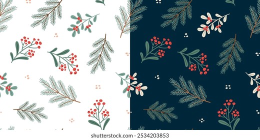 Christmas winter pattern with plants, branches of the tree