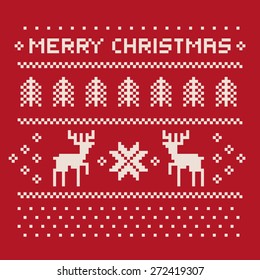 christmas winter pattern print for jersey or t-shirt. Pixel deers and christmas trees on the red background