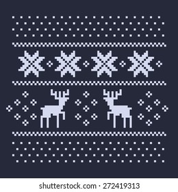 christmas winter pattern print for jersey or t-shirt. Pixel deers and snowflakes on the dark blue background