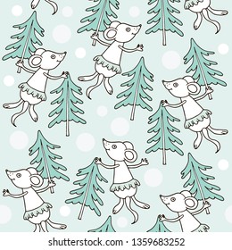 Christmas winter pattern with white mice, new year trees and snowflakes on a blue light background