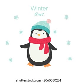 Christmas winter penguin in new year hats and scarves. northern animal. cartoon cute bird character. Stock vector illustration on a white background.