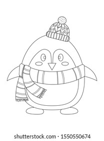 Christmas winter penguin vector cartoon. Cute penguin with wool hat and scarf vector cartoon colorless for coloring page. 