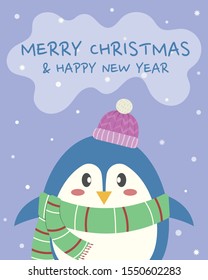 Christmas winter penguin vector cartoon. Cute penguin with wool hat and scarf vector cartoon. Christmas pastel card. 