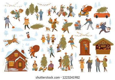 Christmas Winter People Scenes Set, Men Women Children Family Couple Prepare For Xmas Celebration, Choose Buy Decorate Tree House With Lights, Shopping Walk Pack Presents, Drink Mulled Wine At Market