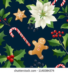 Christmas Winter Poinsettia Flowers Seamless Background, Floral Pattern Print vector.